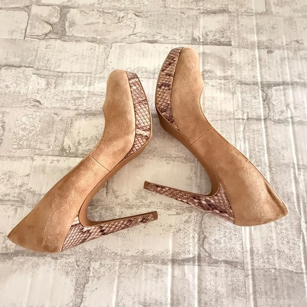 Via Neroli Beige Suede Leather High Heel Platform Snake Print Stiletto Pumps 5.5